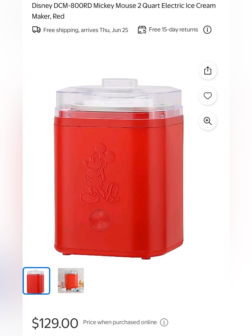 Disney Mickey Mouse Red 2 Quart Ice Cream Maker - Picture 5 of 5